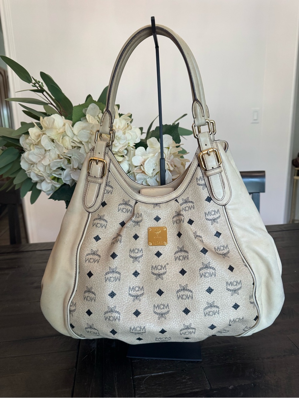 MCM Cream Monogram Shoulder Bag with Gold Hardware
